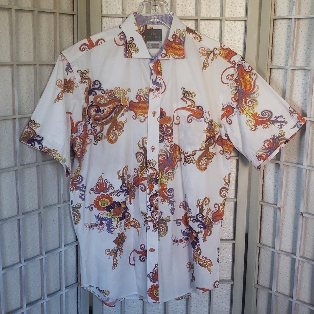 Tomas Dean M 100% cotton white orange peisley button down shirt